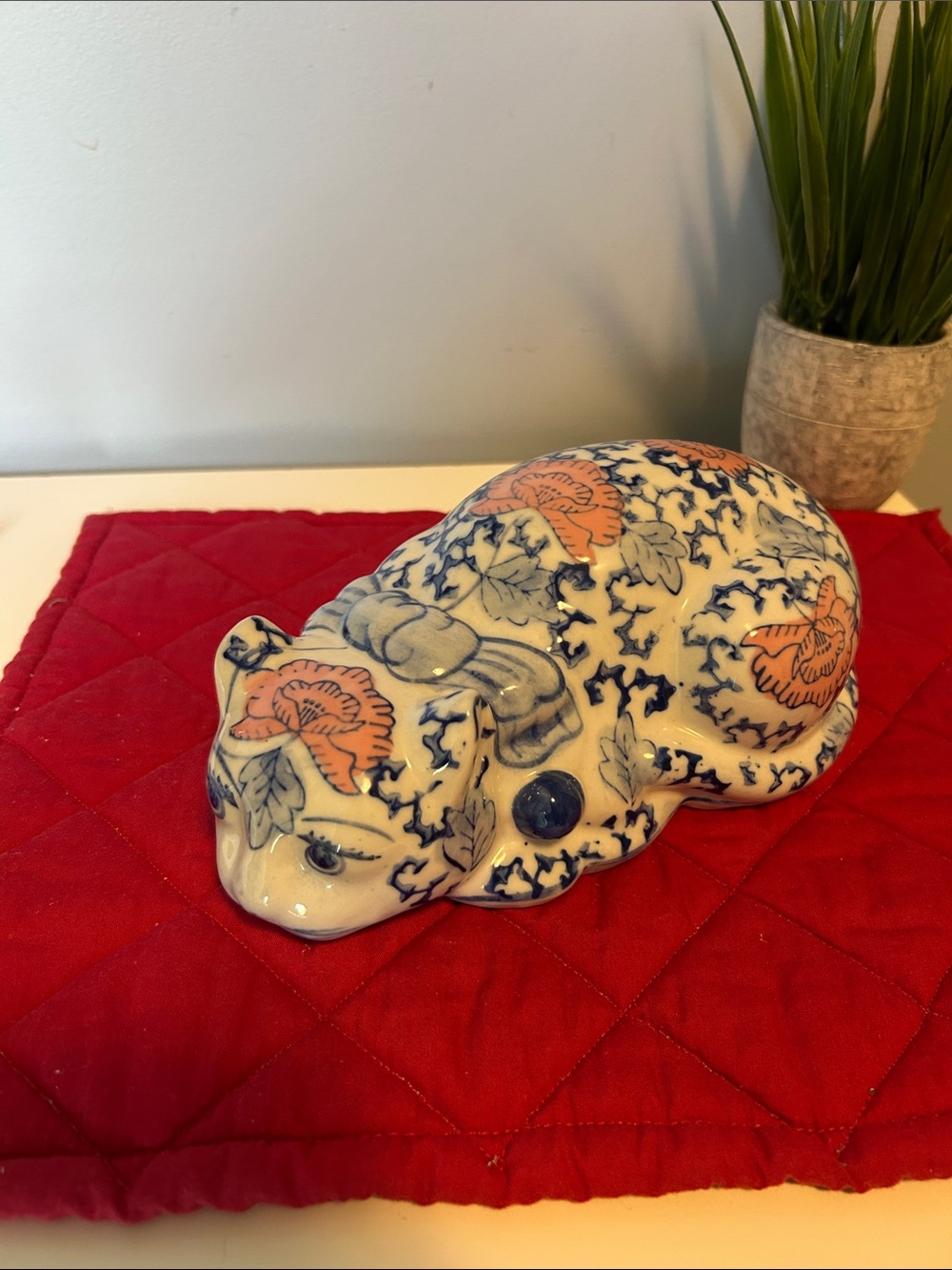 Vintage Porcelain Cat Figurine
Hand Painted Blue & Pink Floral Chinoiserie 8.25”